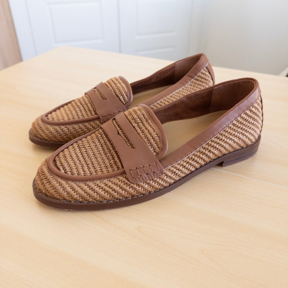 J.Crew Womens Penny Loafers 8.5 Brown Woven Raffia Coastal Preppy Quiet Luxury